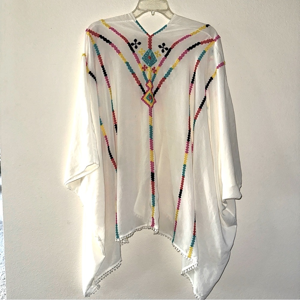 TART Embroidered White Draped light Poncho Shawl or Swim coverup OS